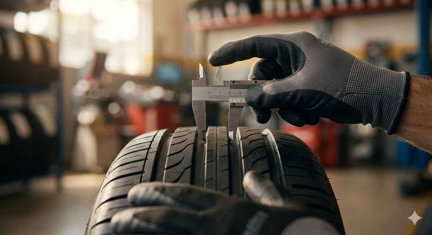 Vendedor explicando detalhes técnicos do pneu