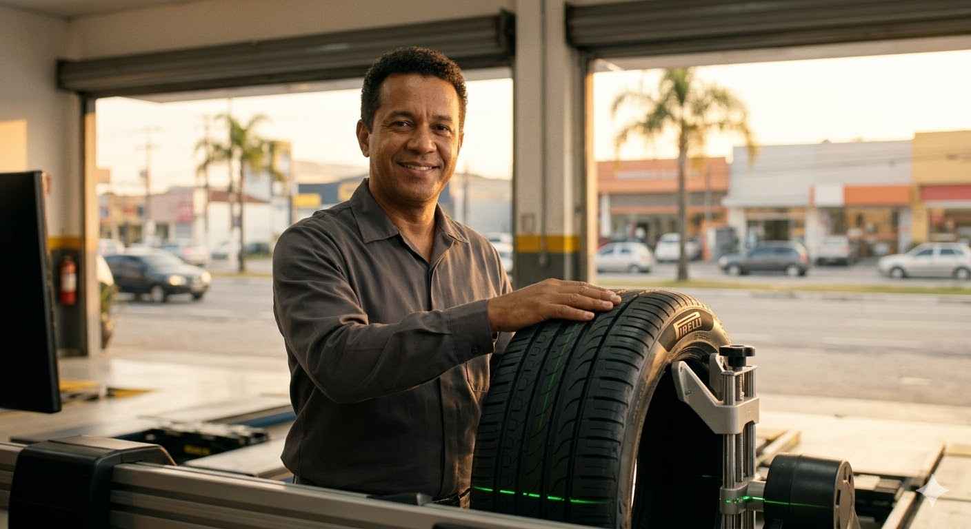 Especialista da Burajiru Pneus indicando o pneu certo