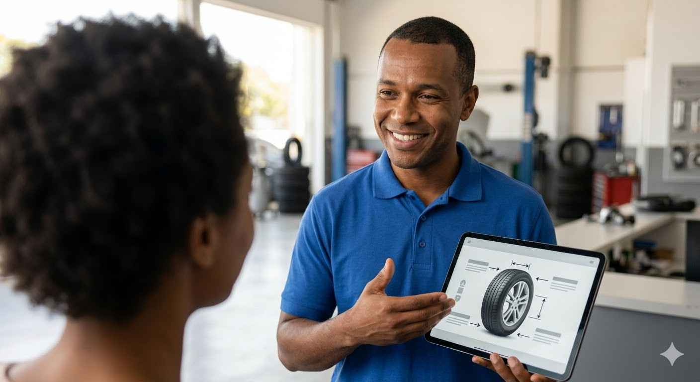 Vendedor orientando cliente na escolha do pneu